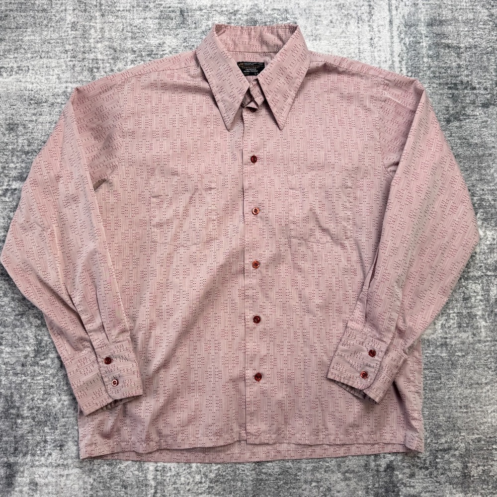 VTG 70s JC Penney Shirt Mens Large Blush Red Geometric Tapered‎ Button Up